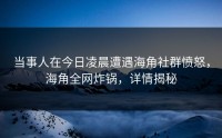 当事人在今日凌晨遭遇海角社群愤怒，海角全网炸锅，详情揭秘